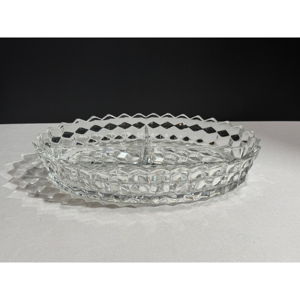 Fostoria American Clear Glass 3 Part Divided Relish Dish Oval Cube Pattern 10in